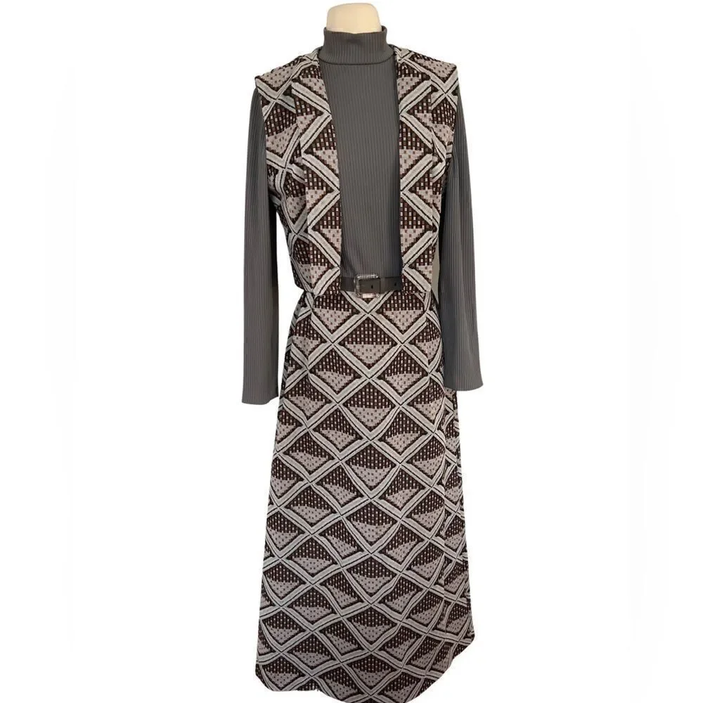 Swoonworthy Vintage 70s Boho Hippie 3 Piece Belted Vest Maxi Dress Set